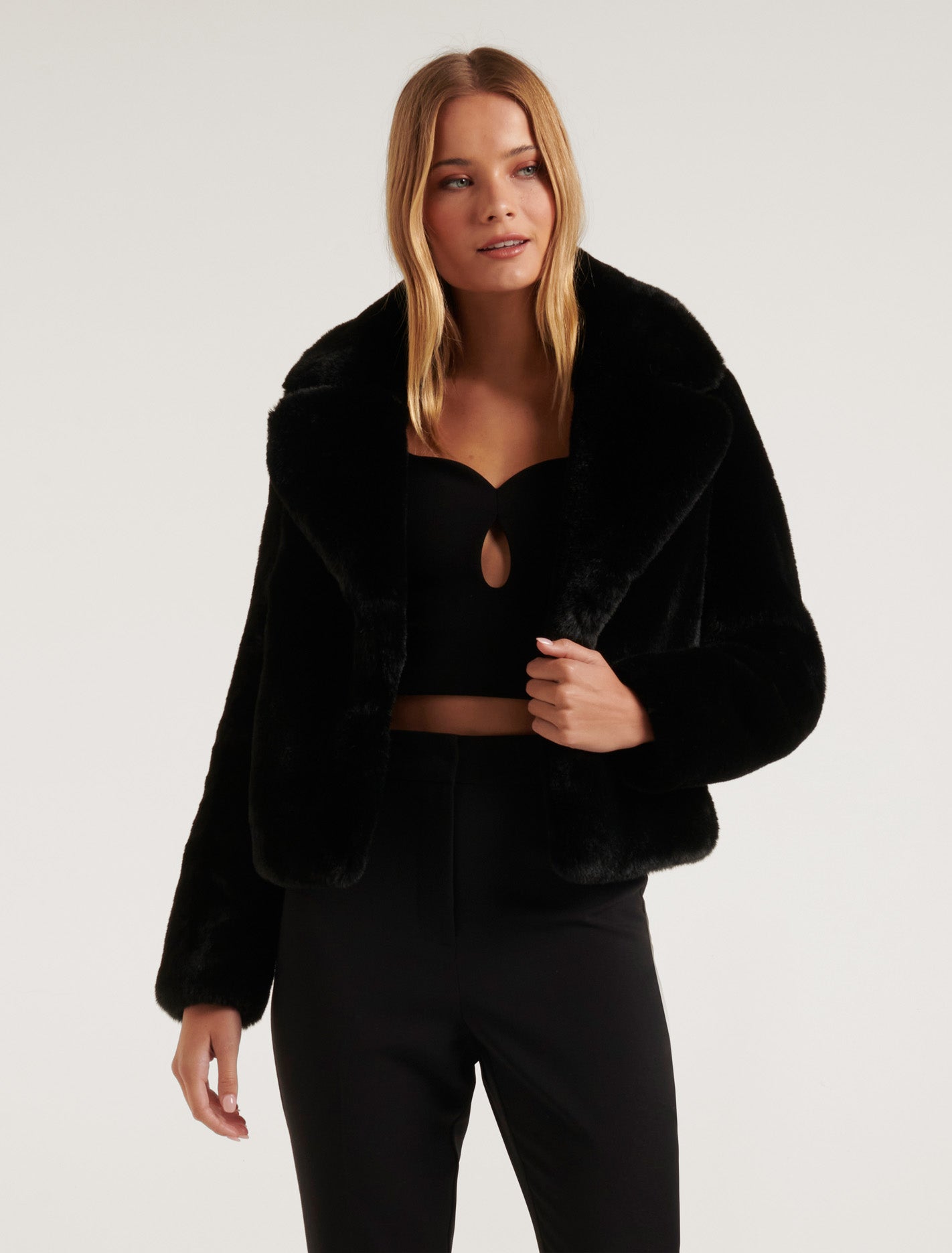 Amelia Cropped Fur Coat Black | Forever New