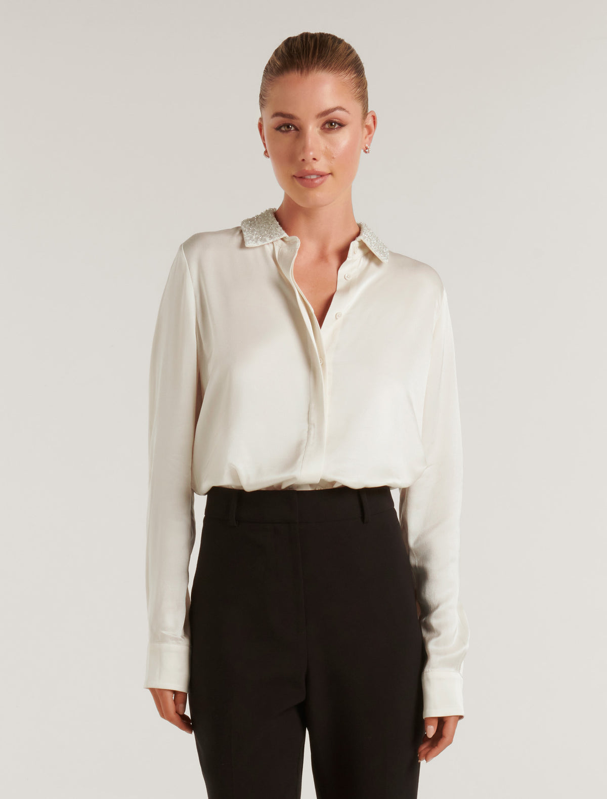 Maxine Beaded Collar Satin Shirt Forever New