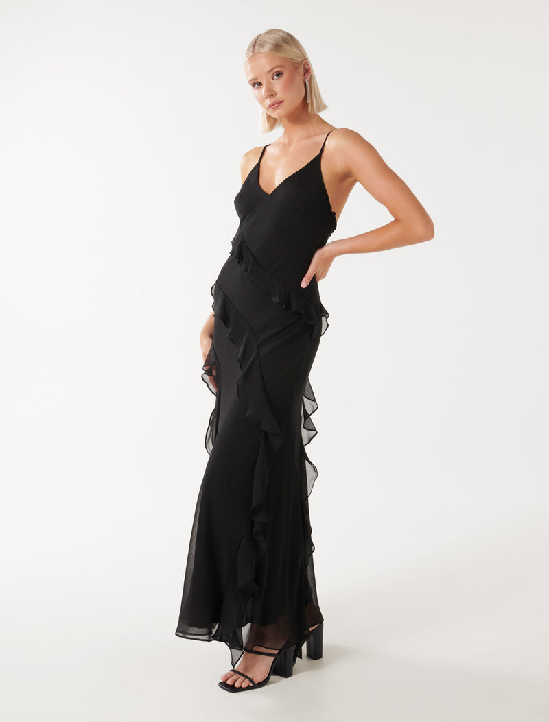 Poppy Asymm Ruffle Dress Black | Forever New
