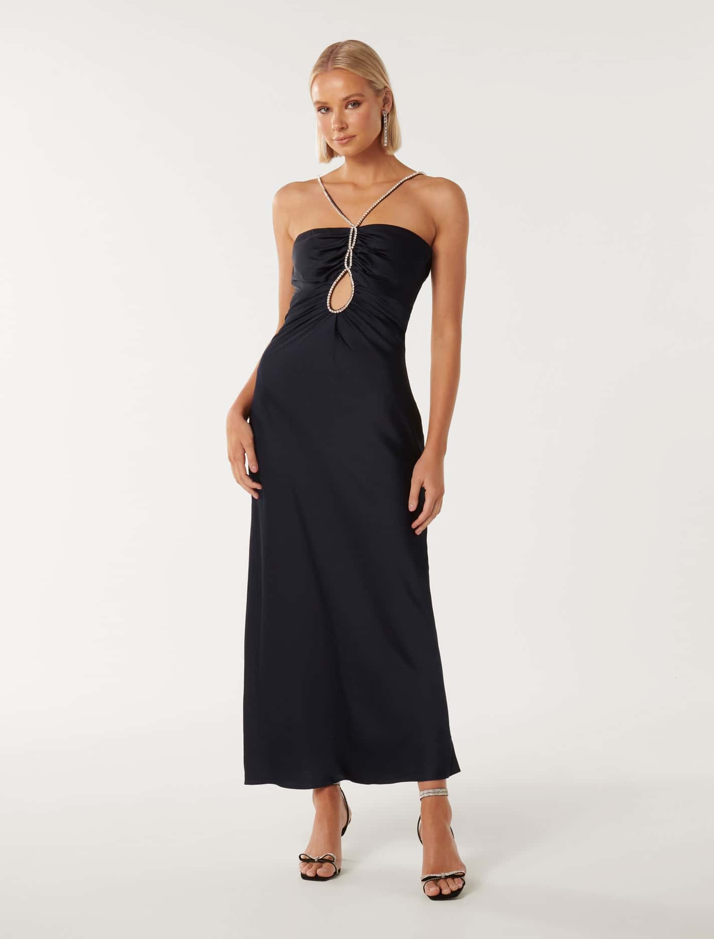 Fletcher Tear Drop Satin Dress Navy | Forever New