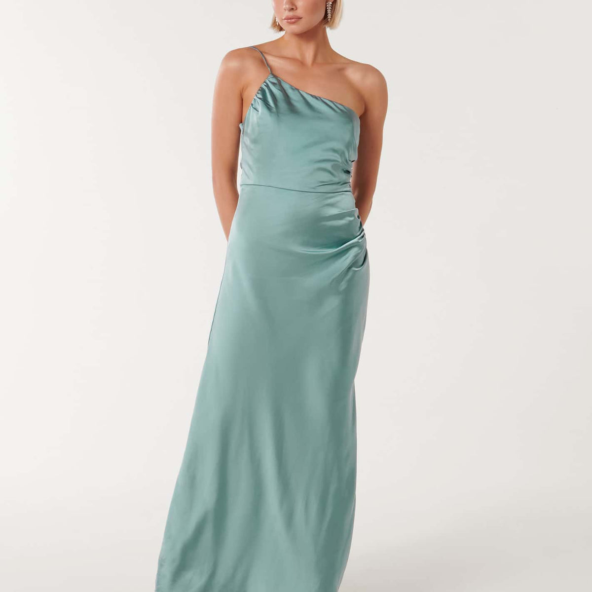 Kelly One Shoulder Satin Maxi Dress Smoke Blue