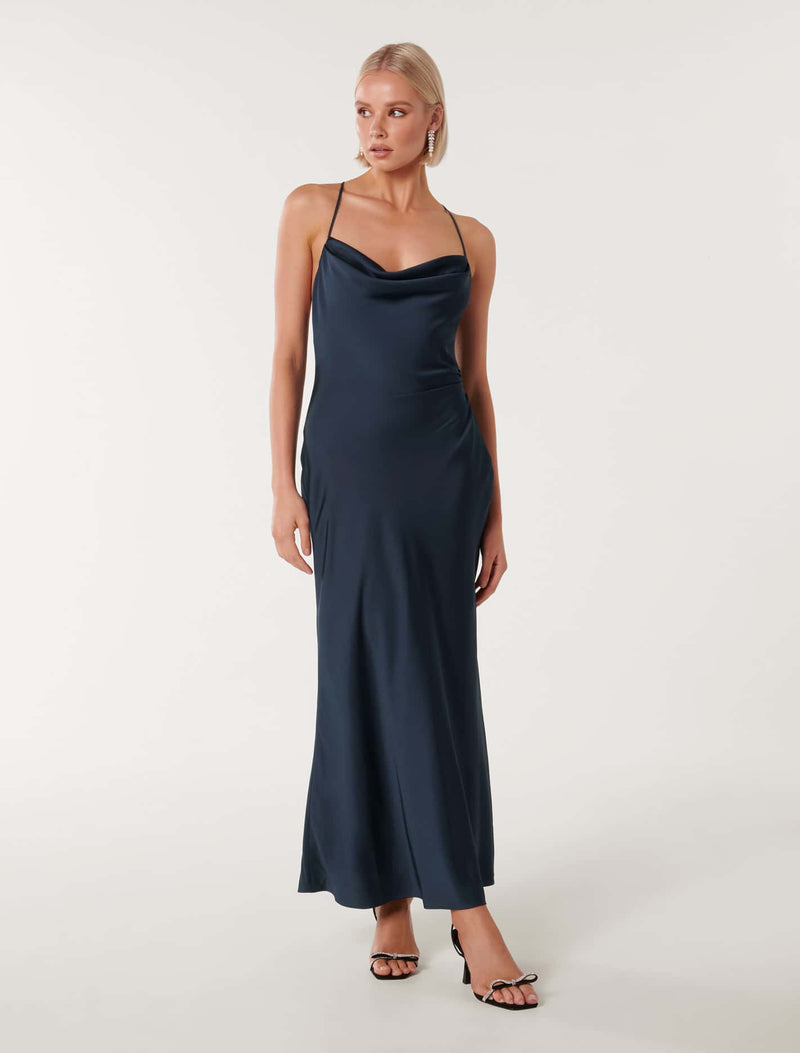 Ruby Tie Back Satin Maxi Dress Navy | Forever New