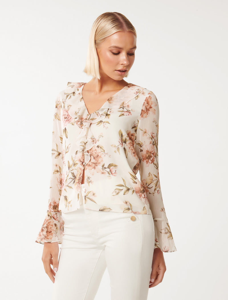 Ida Ruffle Blouse Blush Petra Floral | Forever New