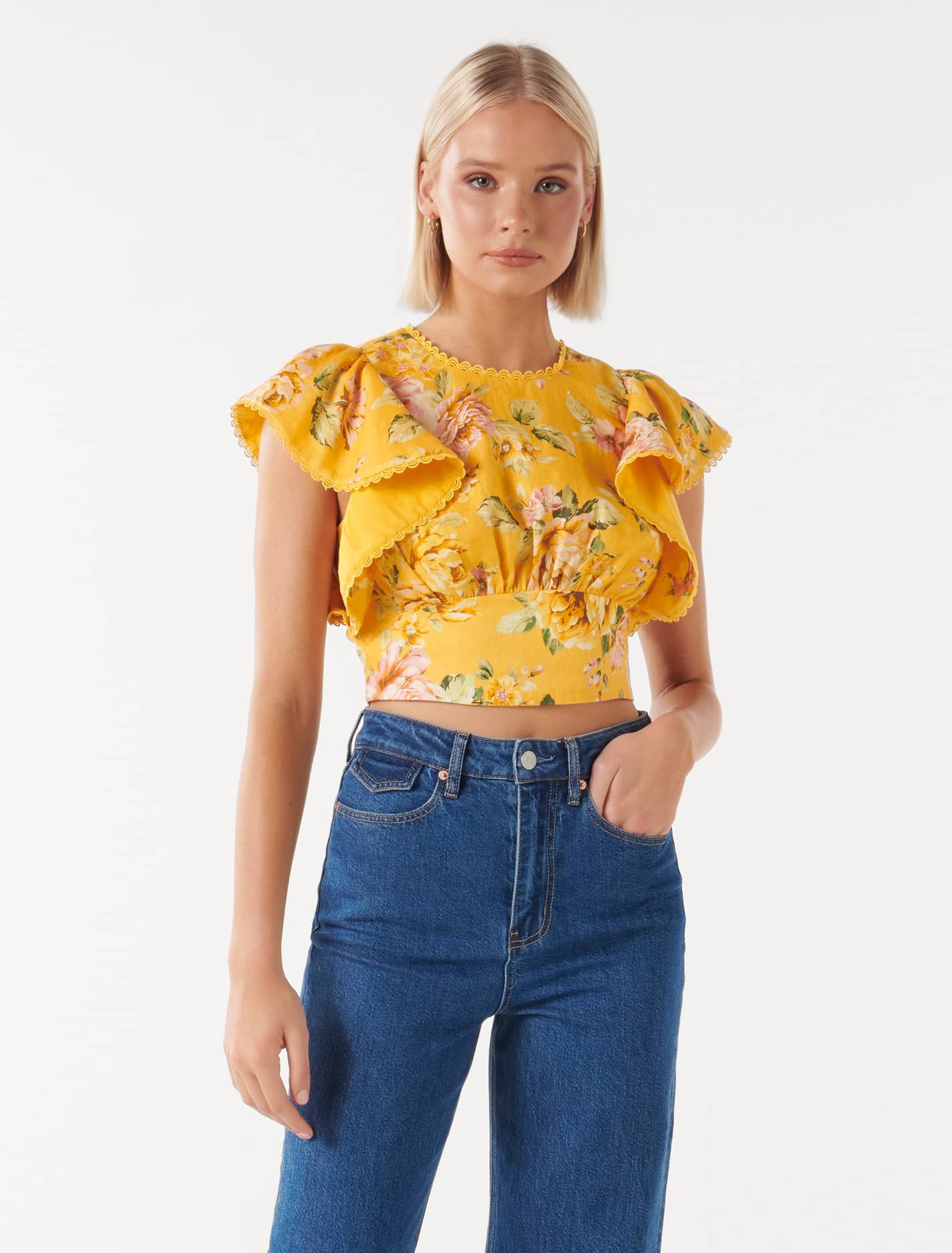 Lola Flutter Sleeve Waist Top Golden Evora Floral | Forever New