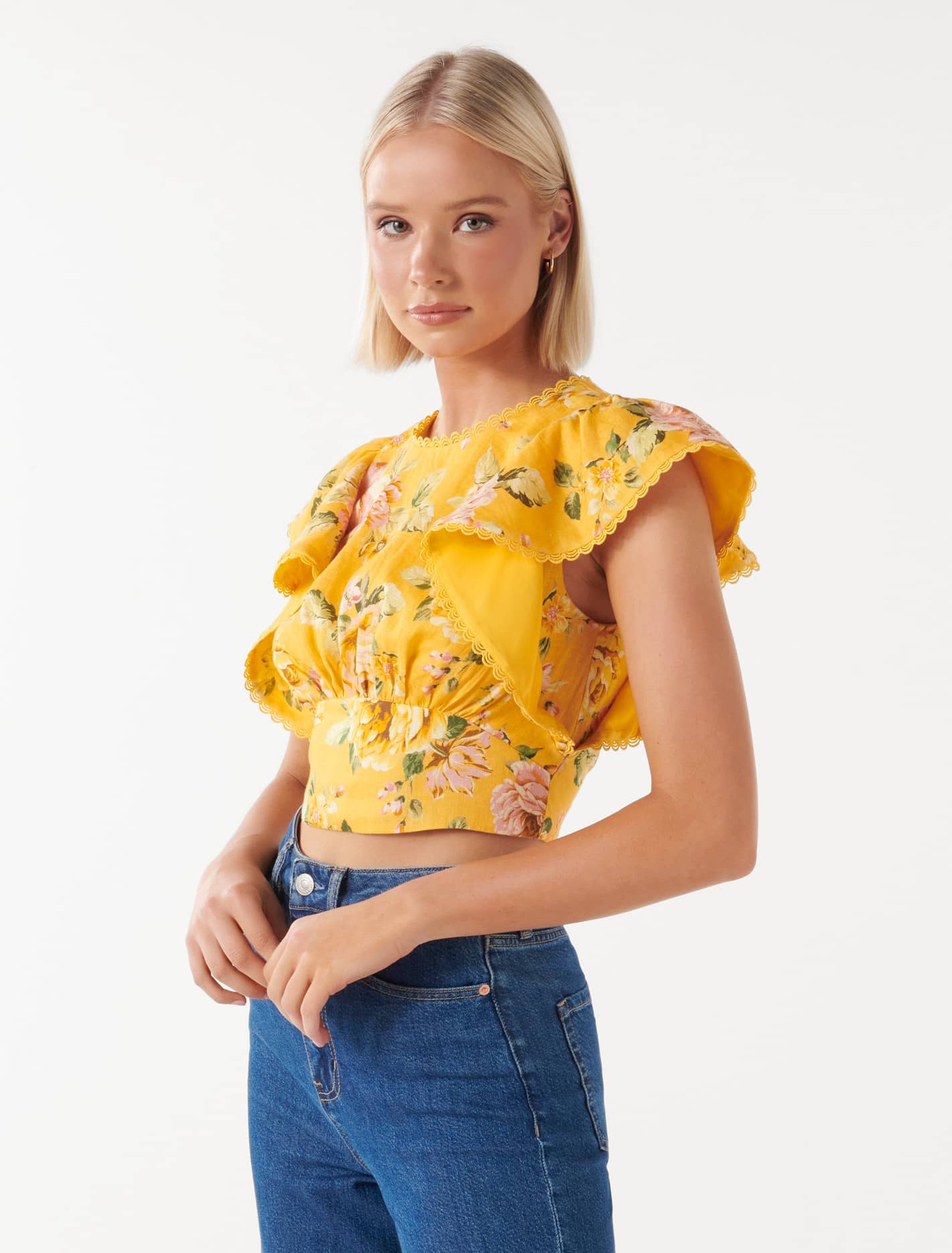 Lola Flutter Sleeve Waist Top Golden Evora Floral | Forever New