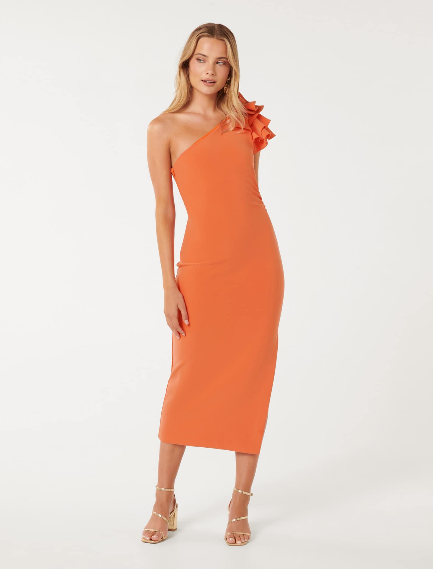 Celeste One Shoulder Ruffle Bodycon Dress Orange | Forever New