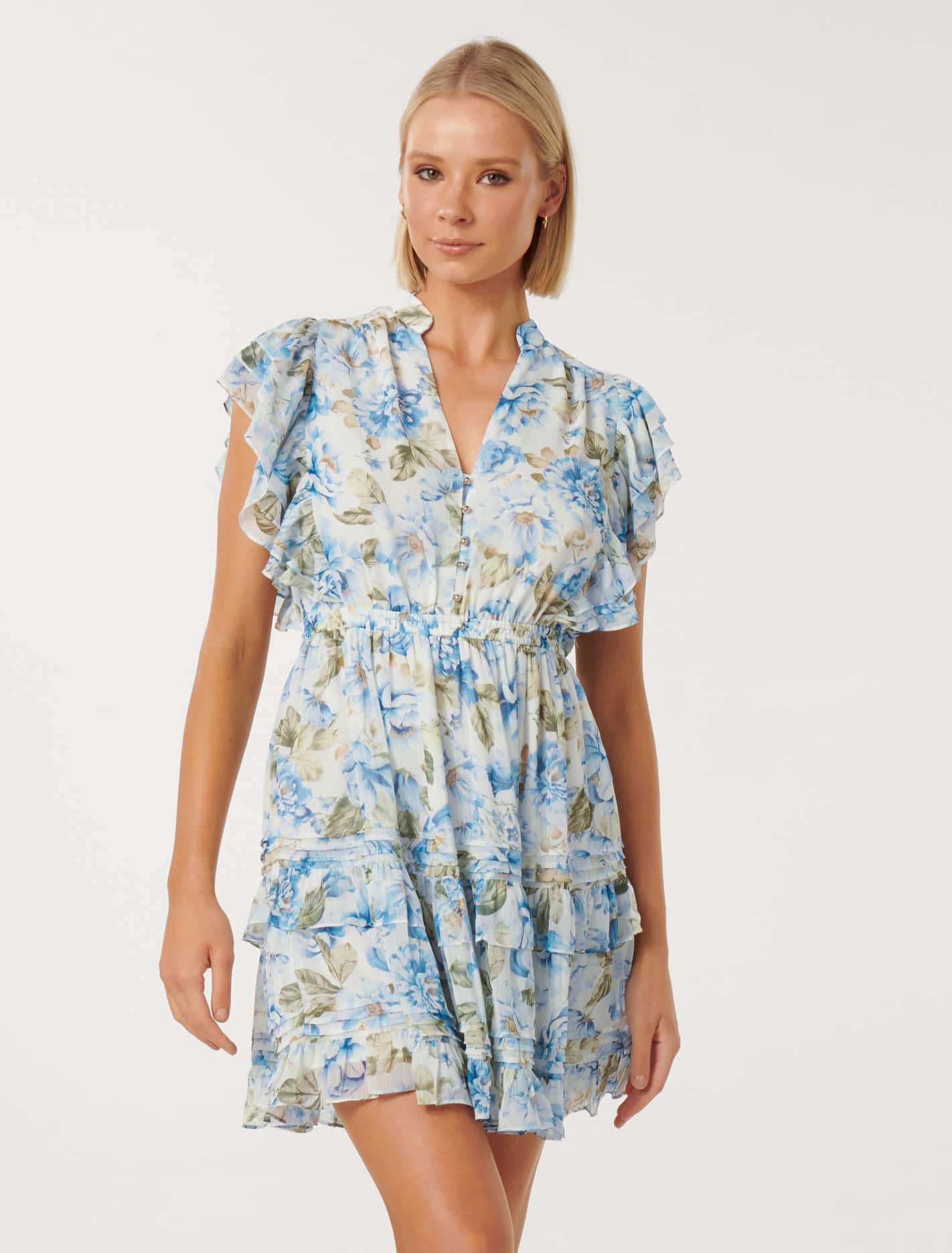 Shannon Layered Sleeve Mini Dress Aqua Floral | Forever New
