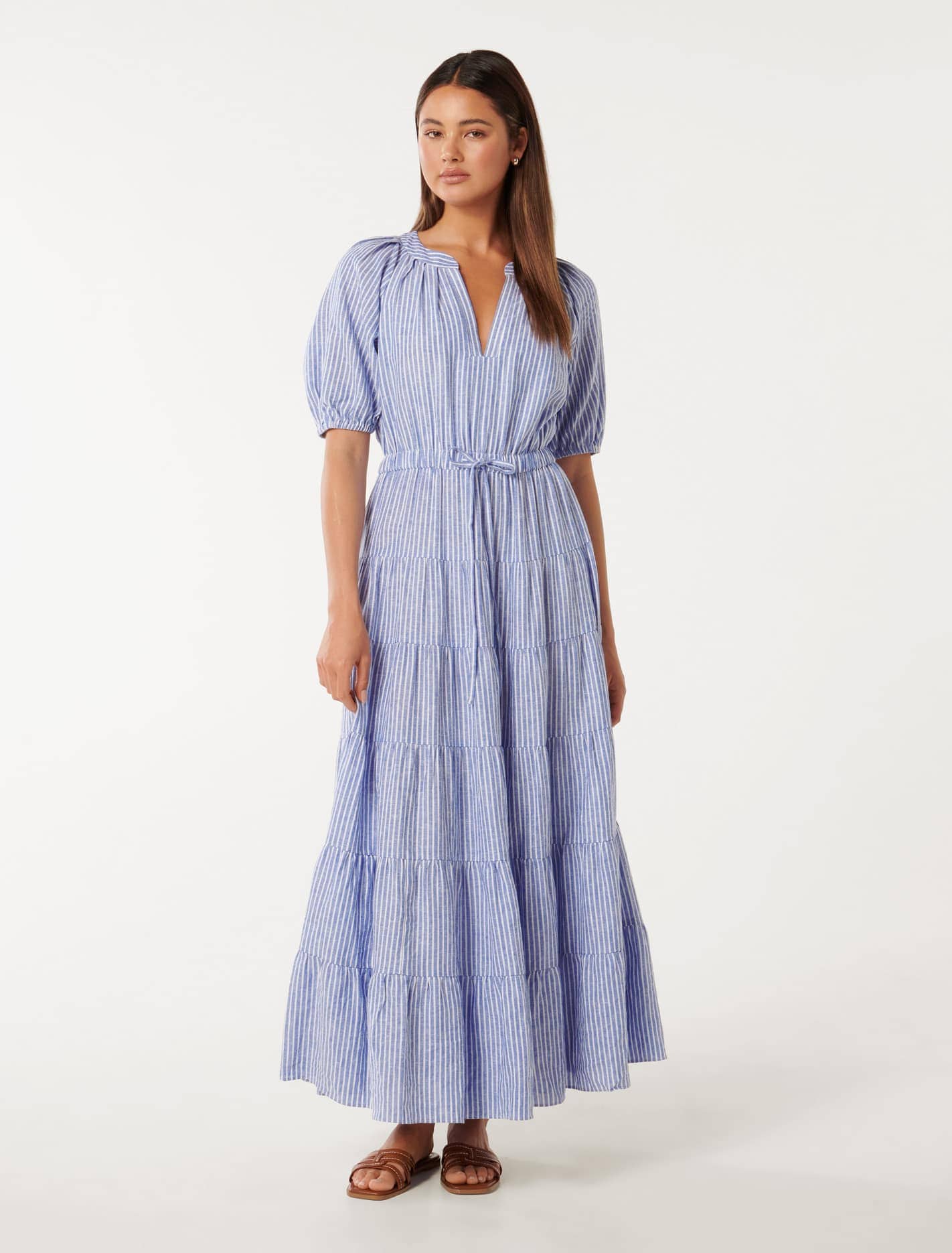 Gabbie Tiered Midi Dress Blue Stripe | Forever New