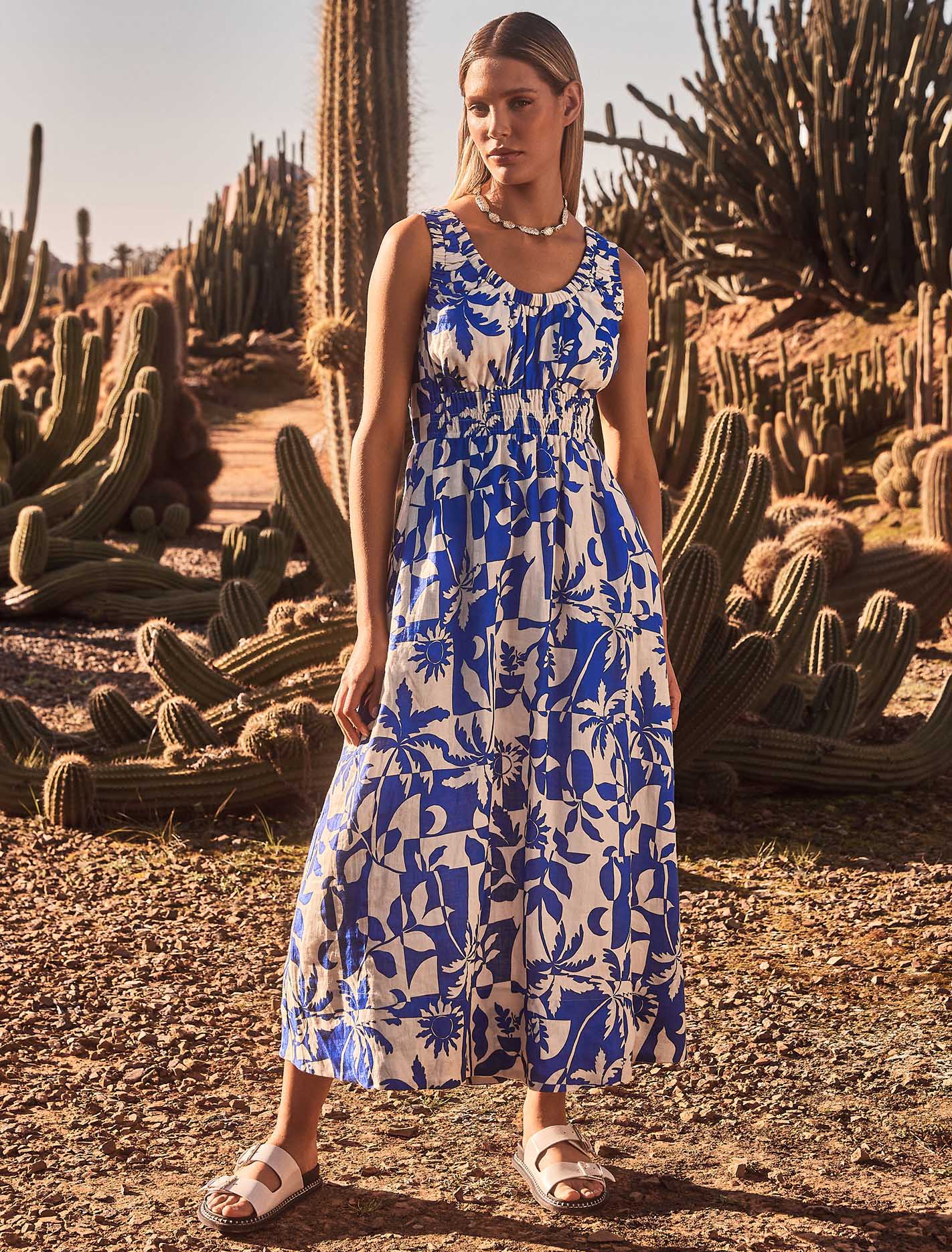 April Gathered Linen Midi Dress Blue Cancun Tropical | Forever New
