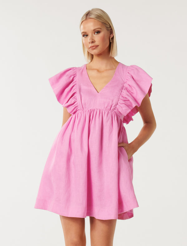 Lola Linen Flutter Sleeve Mini Dress Forever New