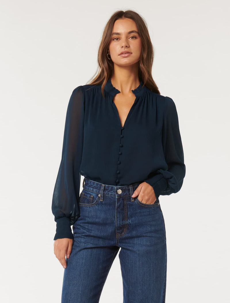 Flora Fluted Pleat Blouse Petrol Blue | Forever New