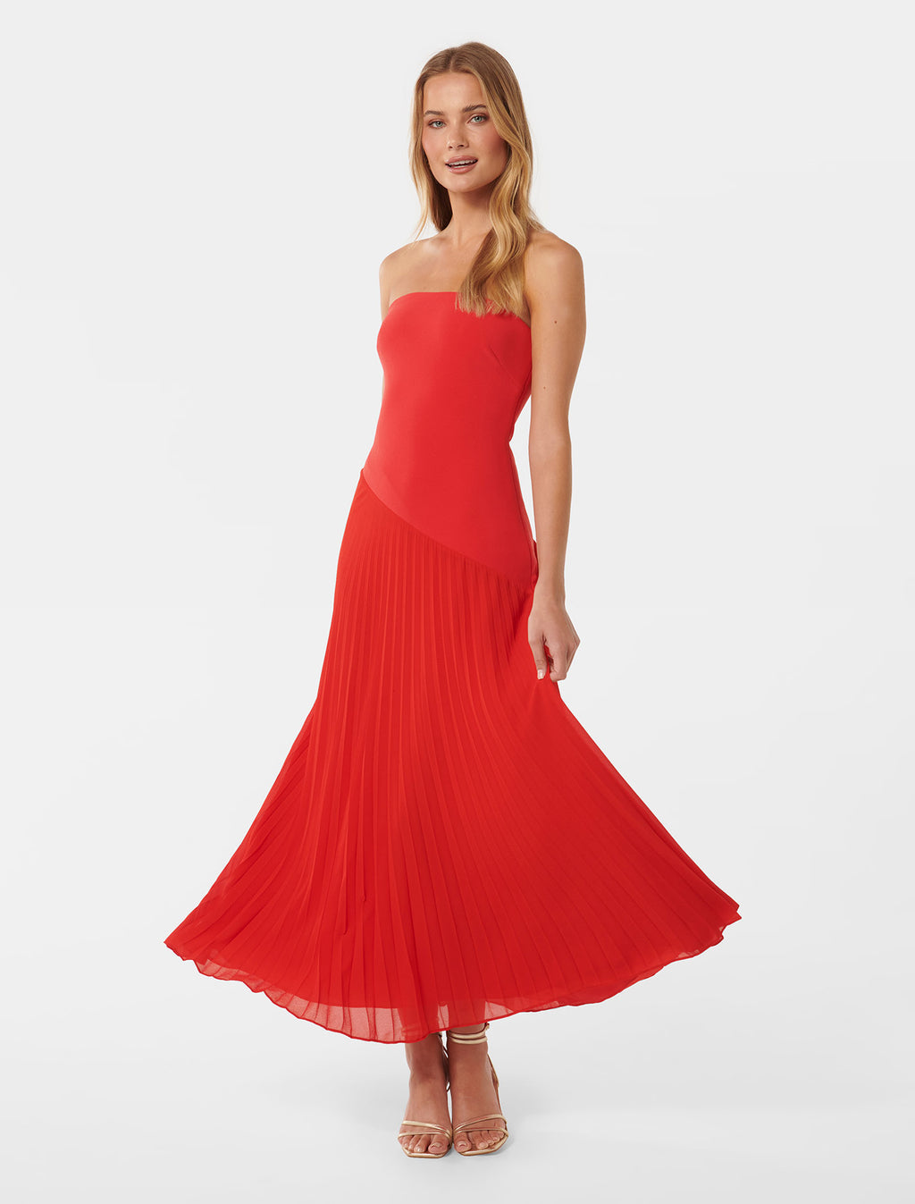 Capri Strapless Pleat Midi Dress Cherry Tomato Forever New