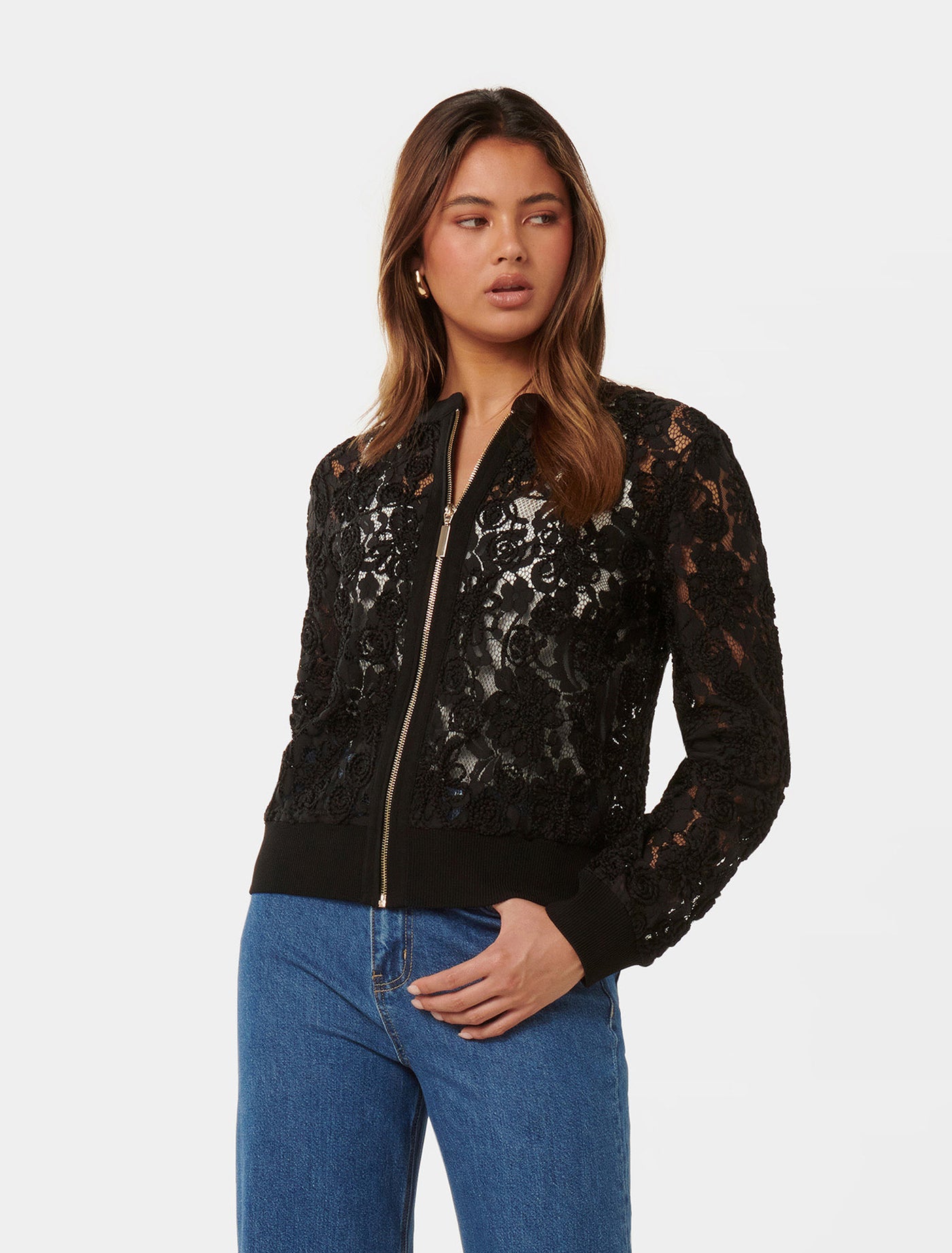 Riley Lace Mixed Knit Bomber Cardigan Black Forever New