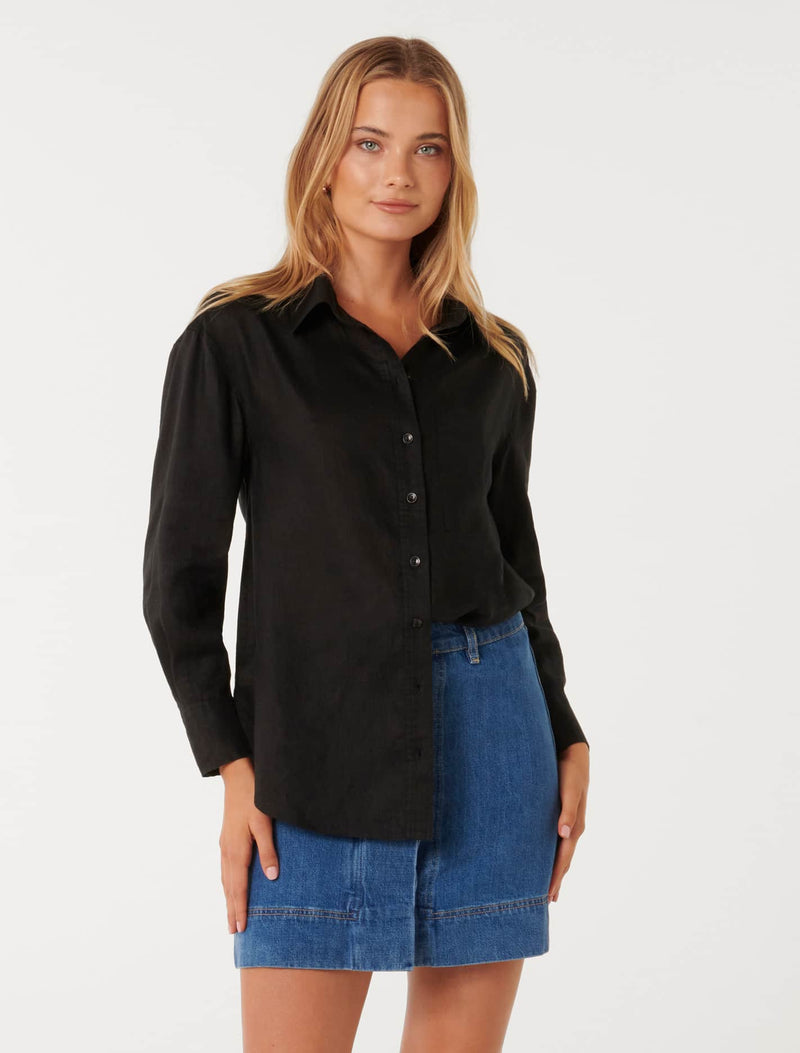 Willa Washed Linen Blend Shirt Black Co-Ord | Forever New