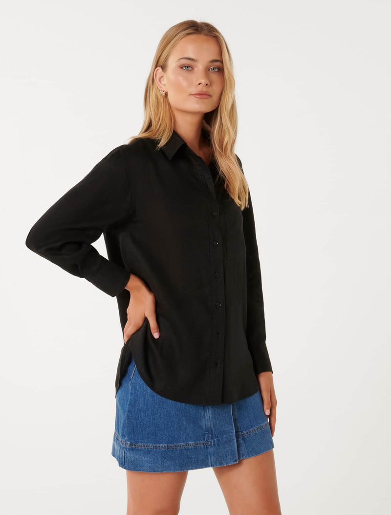 Willa Washed Linen Blend Shirt Black Co-Ord | Forever New