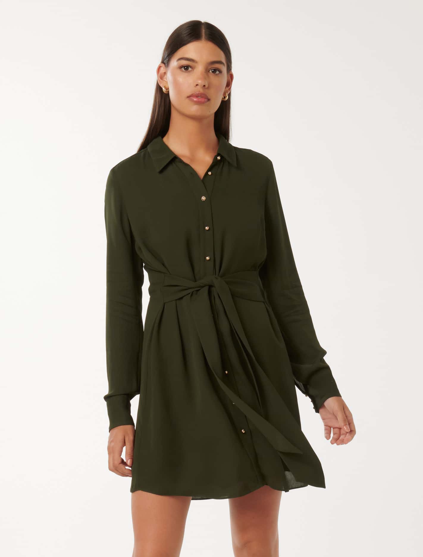 Sherri Mini Shirt Dress Dark Olive | Forever New