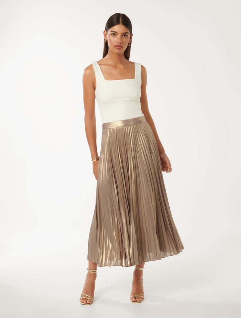 Estella Metallic Pleated Maxi Skirt Forever New