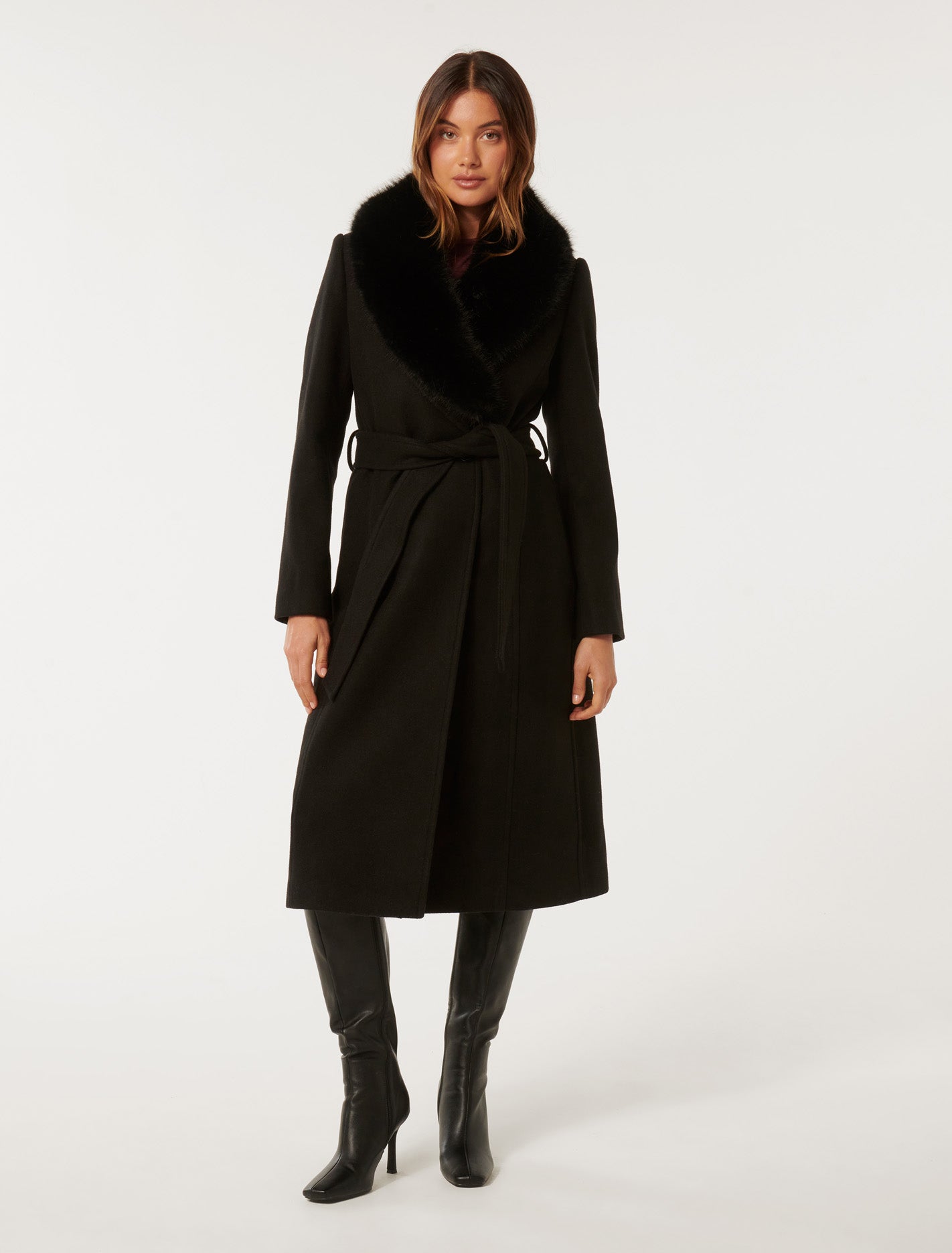 Monica Fur Collar Wrap Coat Black | Forever New