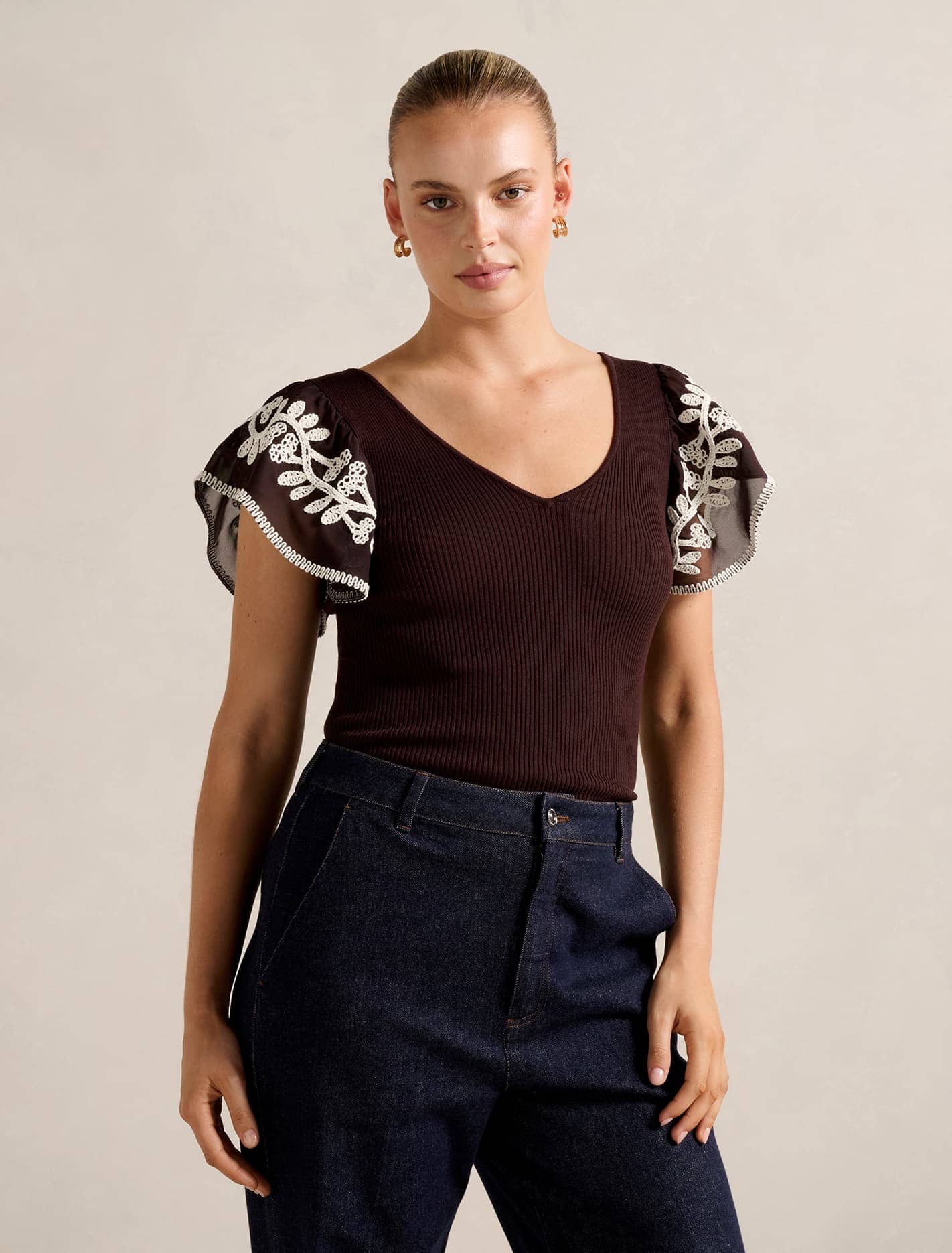 Elodie Frill Sleeve Knit Tank Top Chocolate Forever New