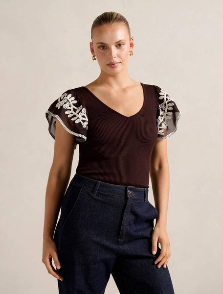 Elodie Frill Sleeve Knit Tank Top Chocolate | Forever New