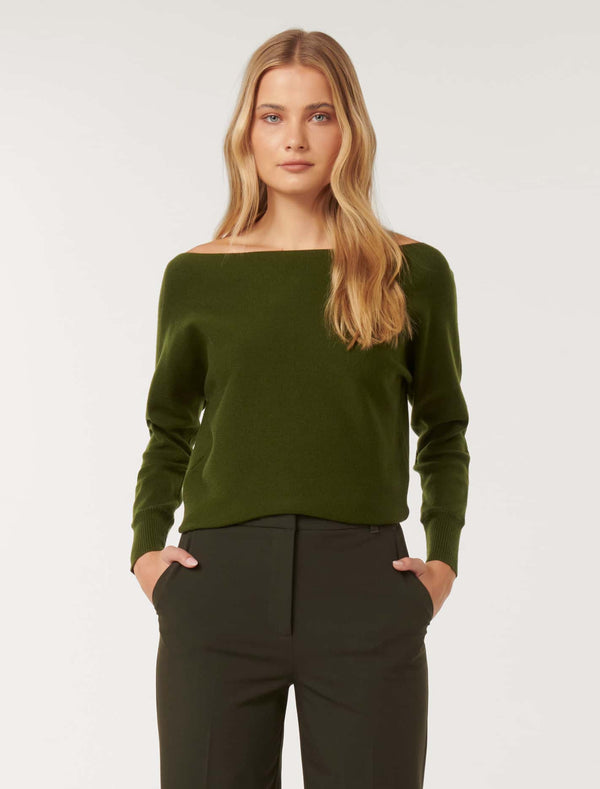 Tilda Tipped Shoulder Knit Jumper Olive Forever New