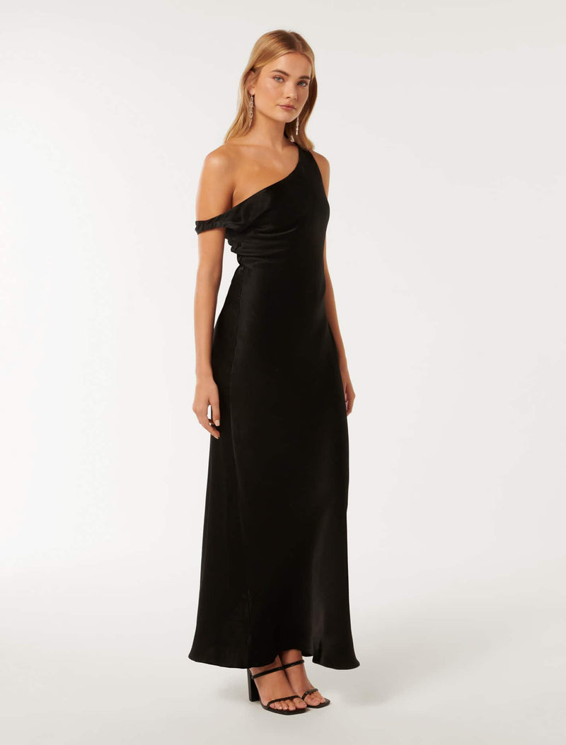 Blake Satin Tipped Shoulder Maxi Dress Black | Forever New