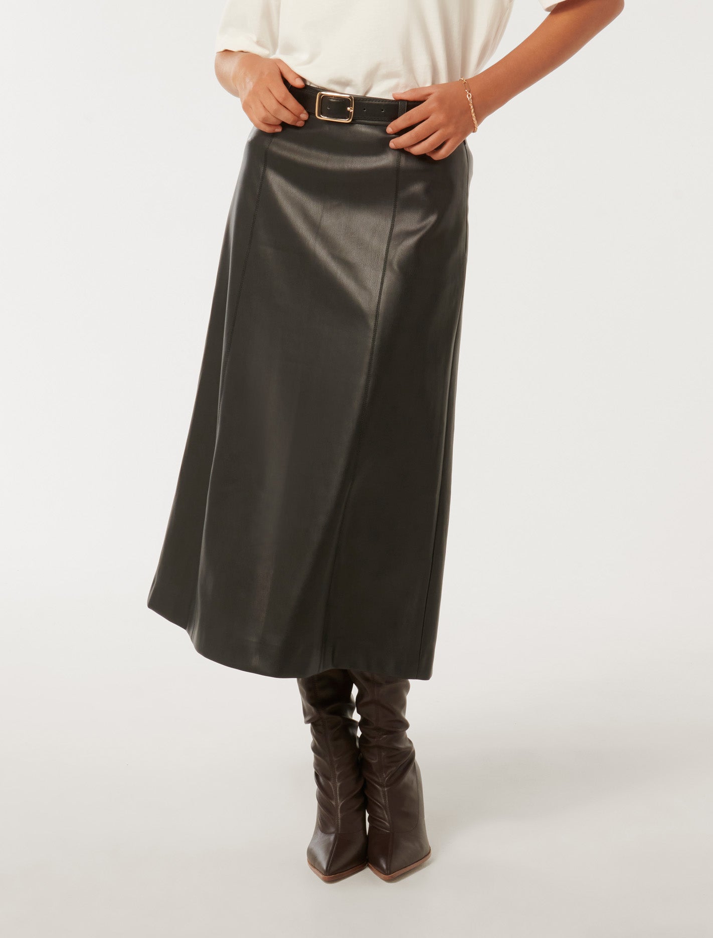 Katy Vegan Leather Belted Midi Skirt Black | Forever New