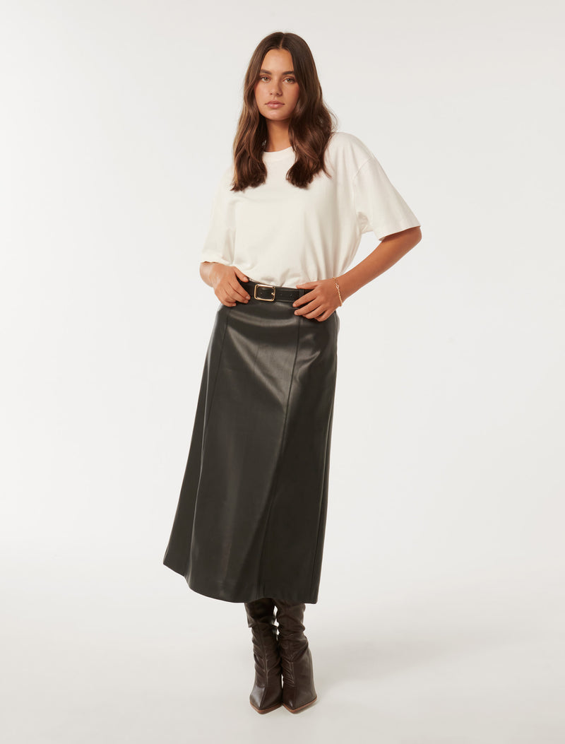 Katy Vegan Leather Belted Midi Skirt Forever New