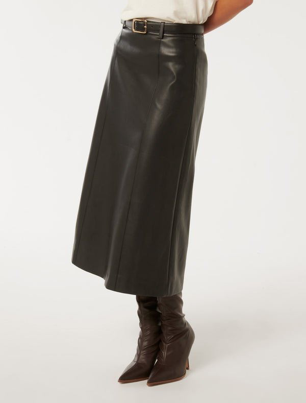 Katy Vegan Leather Belted Midi Skirt Forever New