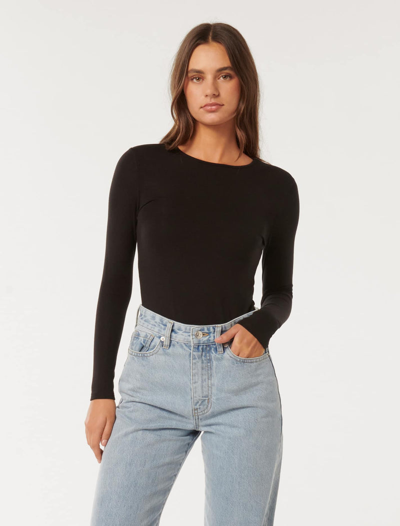 Janelle Long Sleeve Crew Neck Top Black Forever New