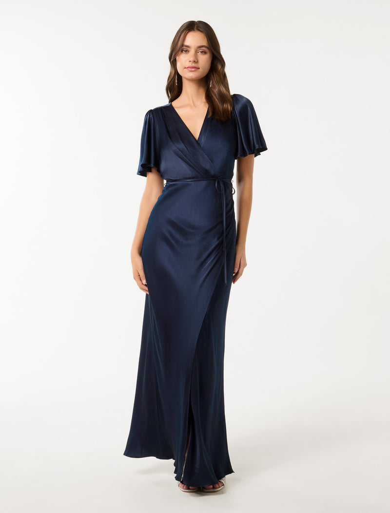 Chelsea Flutter Sleeve Satin Maxi Dress