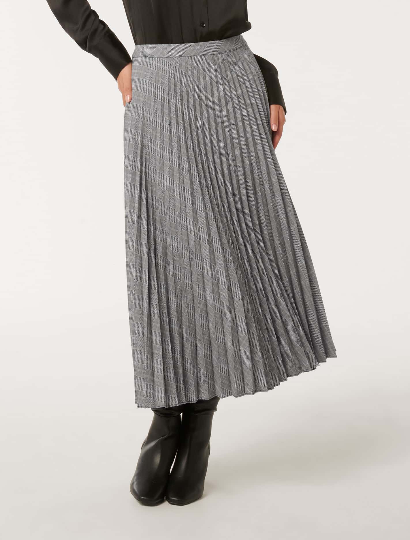 Mackenzie Pleated Check Midi Skirt Grey Check | Forever New