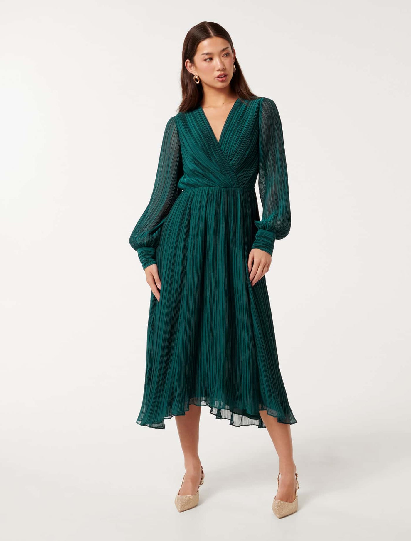 Genevieve Crinkle Midi Dress Mysterious Green Forever New