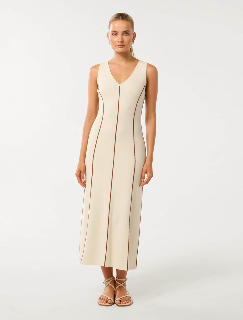 Miley Tipped Detail Midi Dress Cream Chocolate Forever New