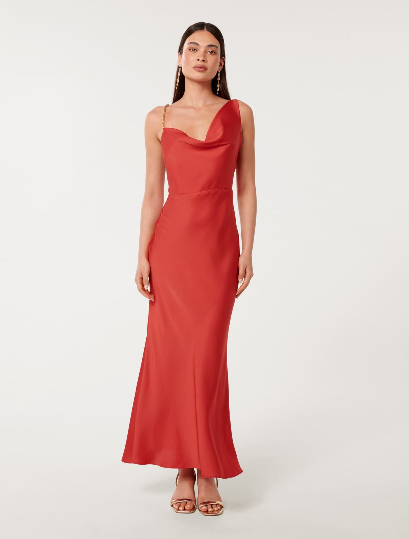 Louisa Chain Detail Satin Maxi Dress in Red Size 16