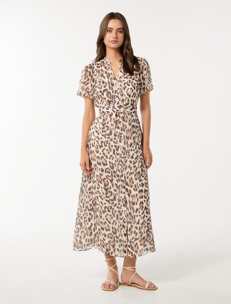 Logan Flutter Sleeve Shirt Midi Dress Leopard Forever New