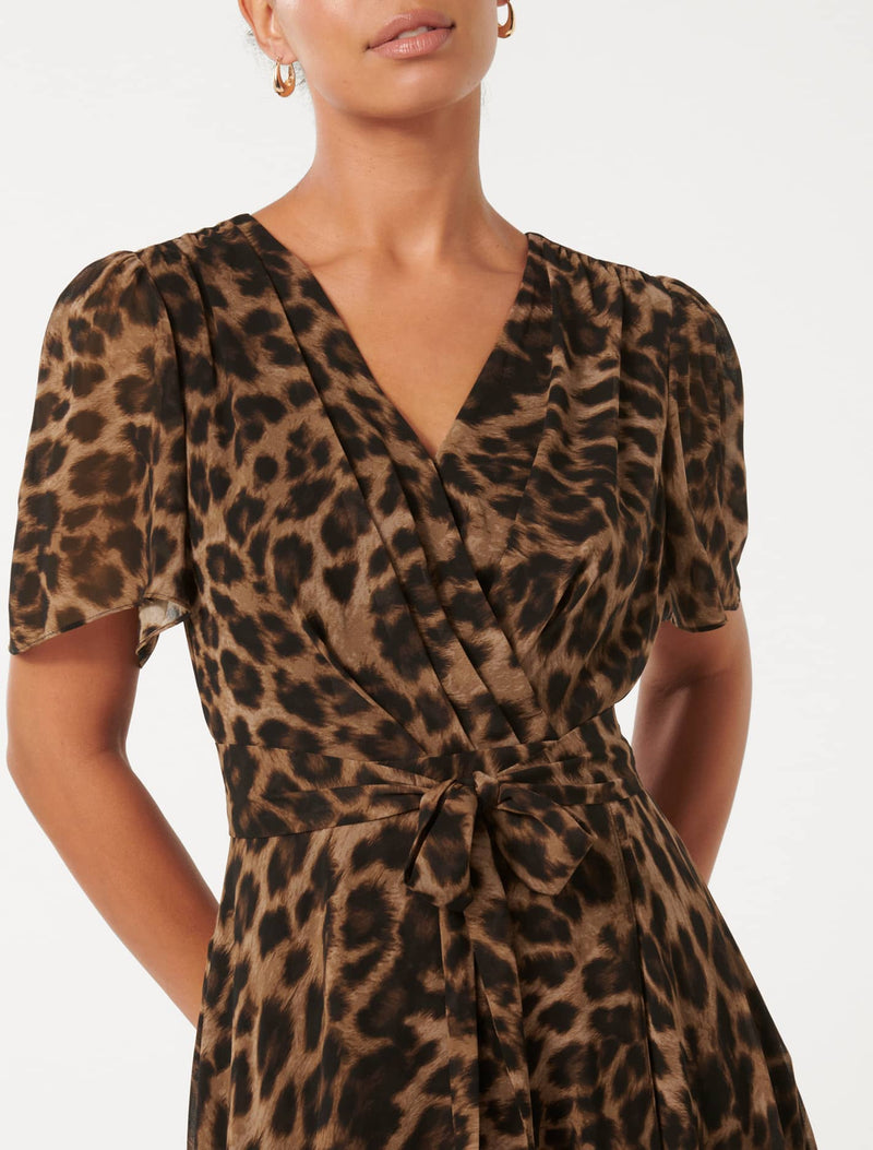 Olivia Printed Wrap Midi Dress Large Leopard Forever New