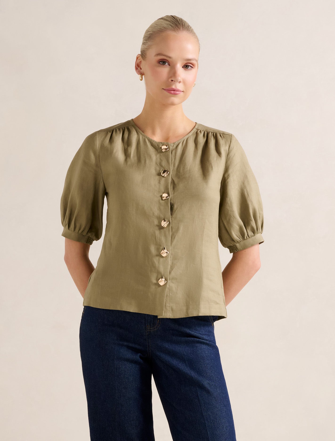 Riley Button Front Top Washed Khaki Forever New
