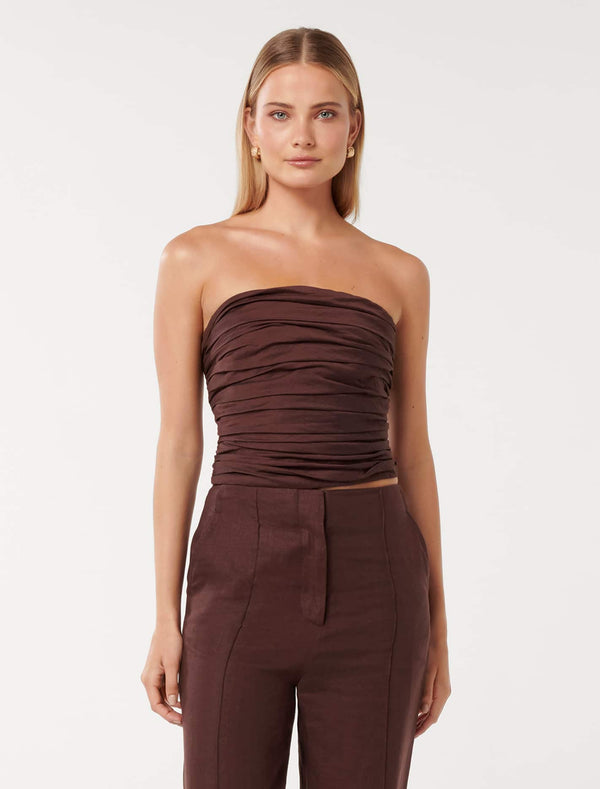 Laia Tucked Strapless Top Chocolate Forever New