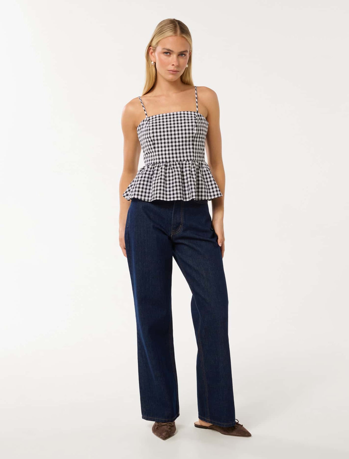 Tayah Tie Back Peplum Top Black White Gingham Forever New