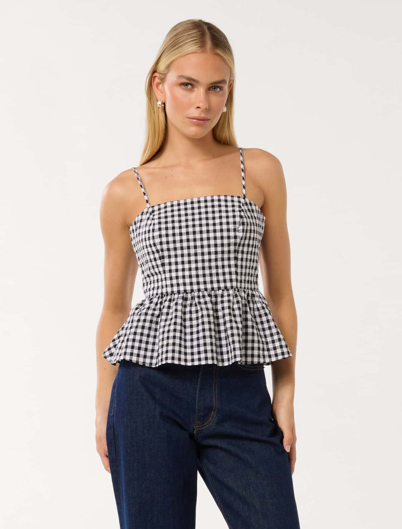 Tayah Tie Back Peplum Top Black White Gingham Forever New