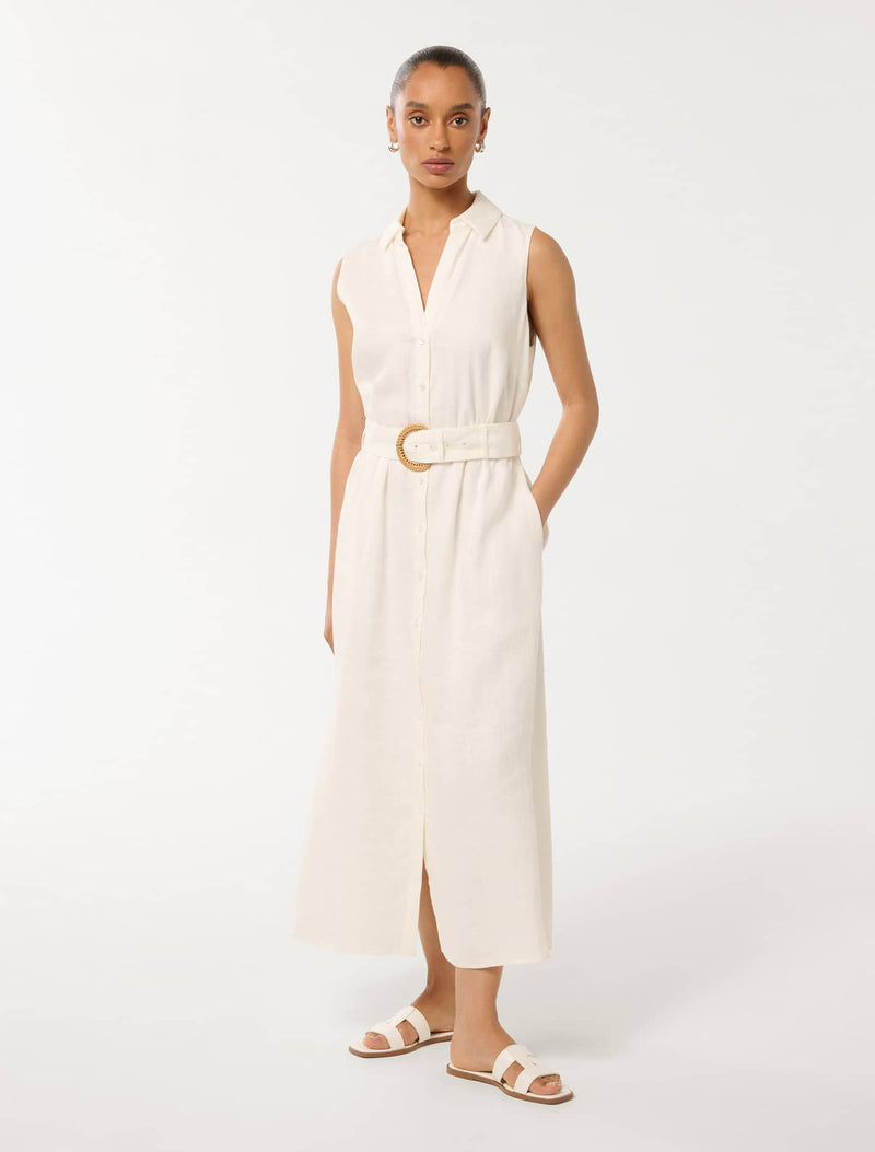 Pippa Petite Collared Button Front Linen Midi Dress Forever New