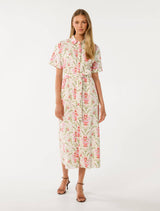 Willow Short Sleeve Linen Midi Dress Pink Harmony Floral Forever New