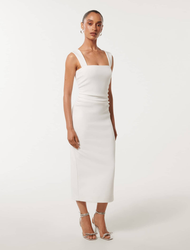 Reina Petite Ruched Bodycon Midi Dress in White Size 6