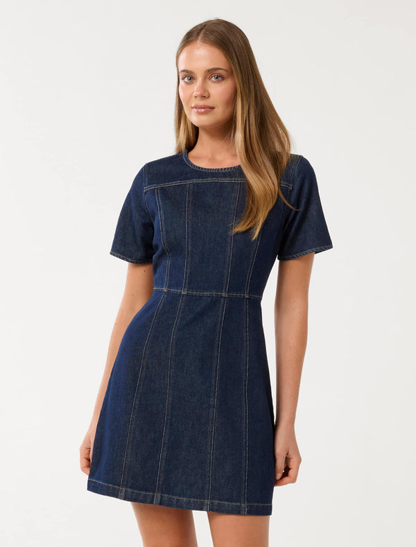 Bleu Shift Denim Dress Dark Rinse Wash Forever New