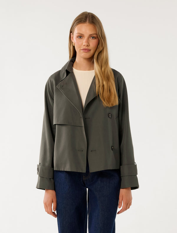 Ebony Cropped Trench Coat Green Fern Forever New