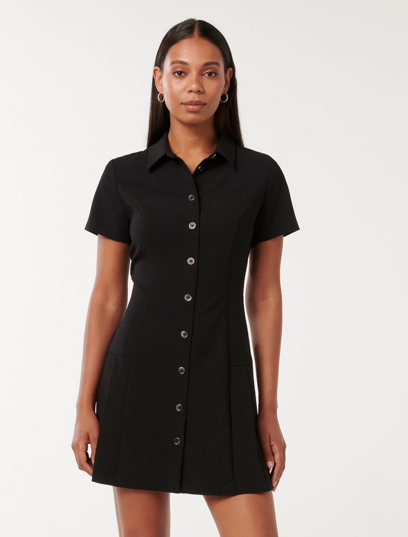 Winnie Pleated Button Down Mini Dress Black Forever New