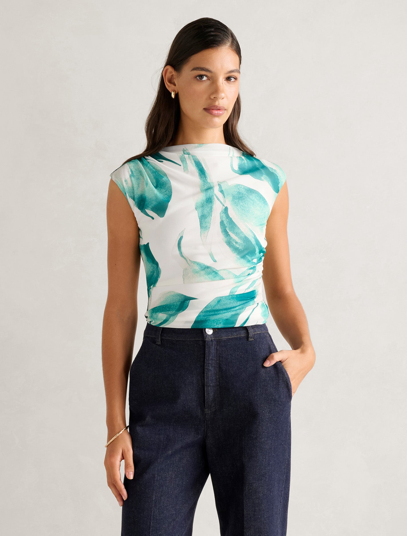 Mel Extended Sleeve Mesh Top Green Hobson Floral Forever New