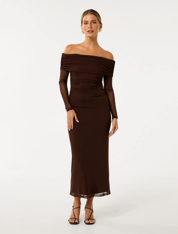 Minnie Petite Mesh Bardot Midi Dress Chocolate Forever New