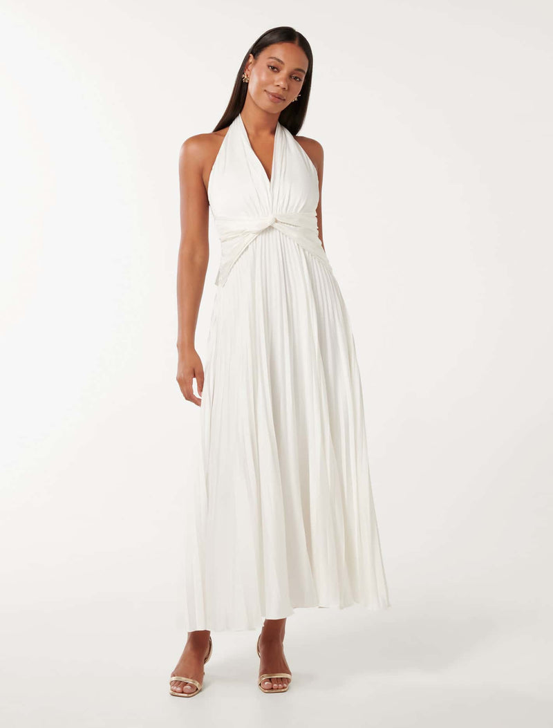 Natasha Pleated Satin Halter Maxi Dress Porcelain Forever New